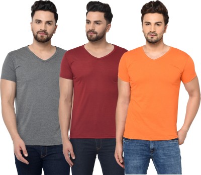 Tivy Solid Men V Neck Maroon, Orange, Grey T-Shirt