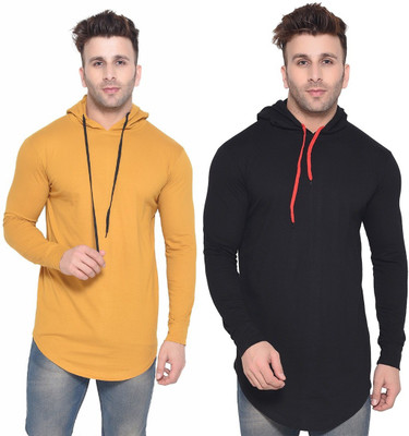 Lawful Casual Solid Men Hooded Neck Black, Yellow T-Shirt