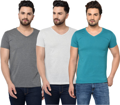 Jaskart Solid Men V Neck White, Blue, Grey T-Shirt