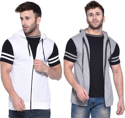 Trendfull Solid Men Hooded Neck Silver, White T-Shirt