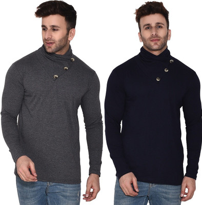 Lawful Casual Solid Men High Neck Dark Blue, Grey T-Shirt