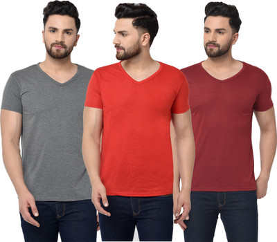 Jangoboy Solid Men V Neck Red, Maroon, Grey T-Shirt