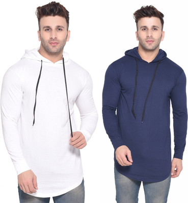 Money Leaf Solid Men Hooded Neck Dark Blue, White T-Shirt