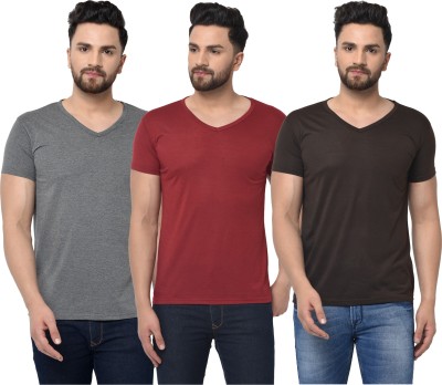 Tivy Solid Men V Neck Brown, Maroon, Grey T-Shirt