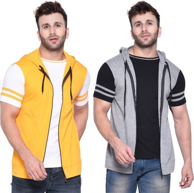 Money Leaf Solid Men Hooded Neck Silver, Yellow T-Shirt