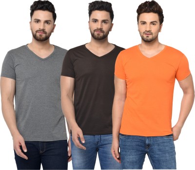 Unite Wear Solid Men V Neck Brown, Orange, Grey T-Shirt