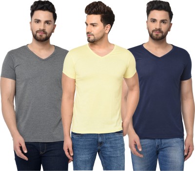 Bribzy Solid Men V Neck Blue, Grey, Yellow T-Shirt