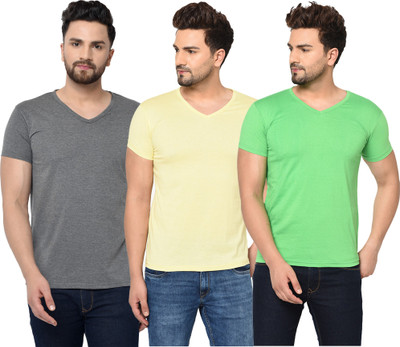 Jaskart Solid Men V Neck Grey, Yellow, Light Green T-Shirt