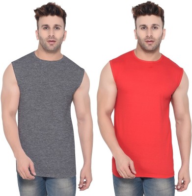 GEUM Solid Men Round Neck Red, Grey T-Shirt