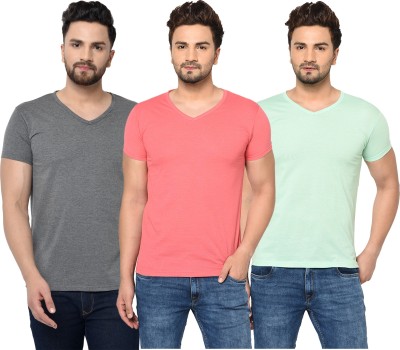 Tivy Solid Men V Neck Pink, Grey, Light Green T-Shirt