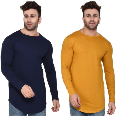 GEUM Solid Men Round Neck Dark Blue, Yellow T-Shirt