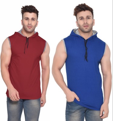 BEYOU FASHION Solid Men Hooded Neck Maroon, Blue T-Shirt