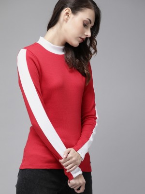 Roadster Colorblock Women High Neck Red T-Shirt