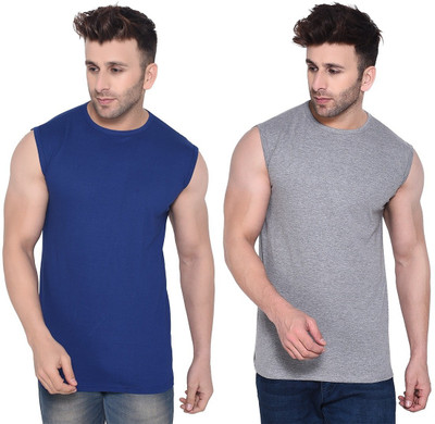 Money Leaf Solid Men Round Neck Silver, Blue T-Shirt