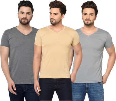 Tivy Solid Men V Neck Grey, Beige T-Shirt
