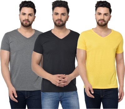 Jangoboy Solid Men V Neck Black, Grey, Yellow T-Shirt