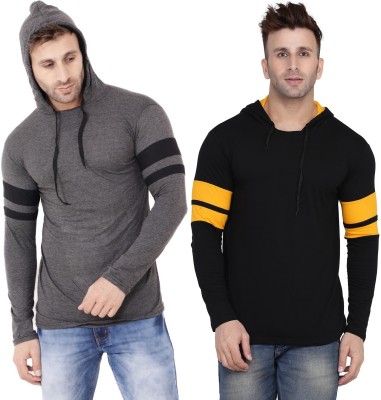 Lawful Casual Solid Men Hooded Neck Black, Grey, Yellow T-Shirt