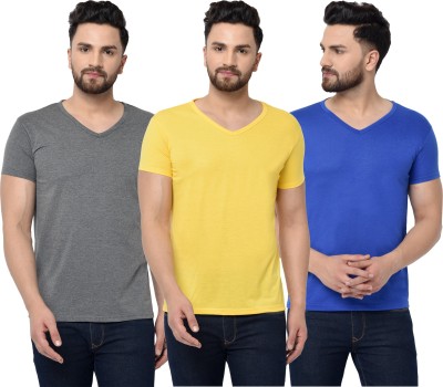 Jangoboy Solid Men V Neck Blue, Grey, Yellow T-Shirt