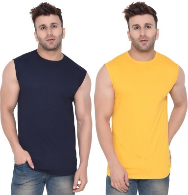 BEYOU FASHION Solid Men Round Neck Dark Blue, Yellow T-Shirt