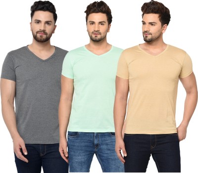 Bribzy Solid Men V Neck Beige, Grey, Light Green T-Shirt