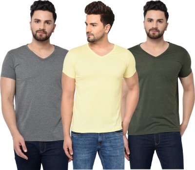 Unite Wear Solid Men V Neck Dark Green, Grey, Yellow T-Shirt