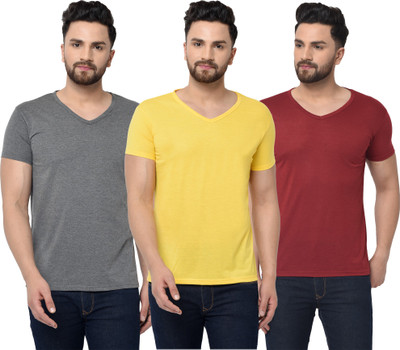 Adorbs Solid Men V Neck Maroon, Grey, Yellow T-Shirt