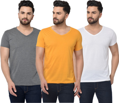 Adorbs Solid Men V Neck White, Grey, Yellow T-Shirt