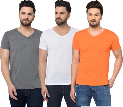 Jangoboy Solid Men V Neck White, Orange, Grey T-Shirt