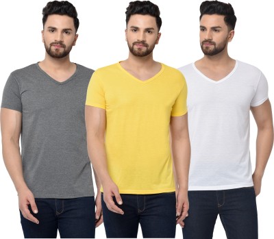 Jaskart Solid Men V Neck White, Grey, Yellow T-Shirt