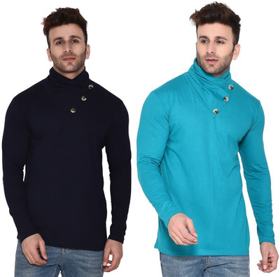 GEUM Solid Men High Neck Dark Blue, Light Green T-Shirt