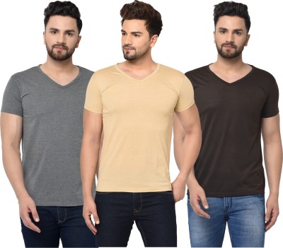 Tivy Solid Men V Neck Brown, Grey, Beige T-Shirt