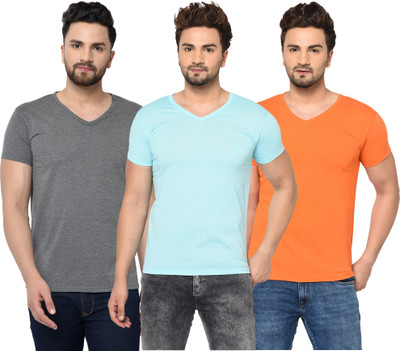 Jangoboy Solid Men V Neck Blue, Orange, Grey T-Shirt