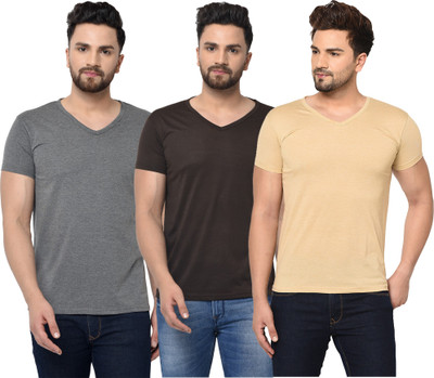 Jangoboy Solid Men V Neck Brown, Beige, Grey T-Shirt