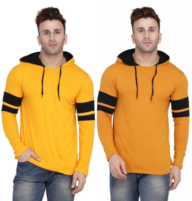 Trendfull Solid Men Hooded Neck Black, Yellow T-Shirt