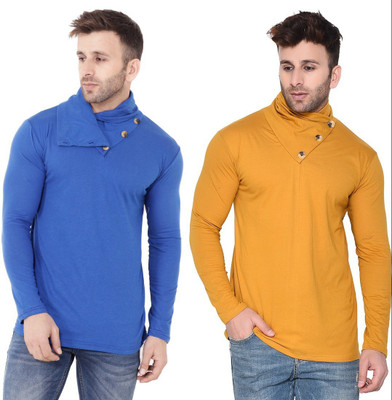 BEYOU FASHION Solid Men High Neck Gold, Blue T-Shirt