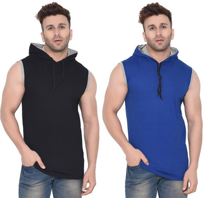 Trendfull Solid Men Hooded Neck Blue, Black T-Shirt