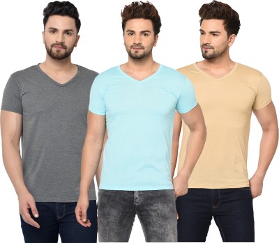 Adorbs Solid Men V Neck Light Blue, Grey, Beige T-Shirt