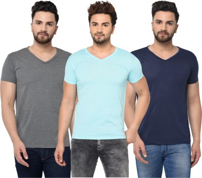 Jaskart Solid Men V Neck Dark Blue, Light Blue, Grey T-Shirt