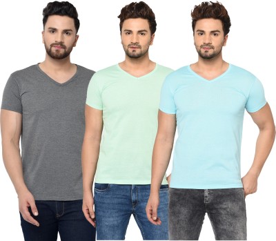 Bribzy Solid Men V Neck Light Blue, Grey, Light Green T-Shirt