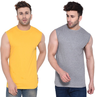 Trendfull Solid Men Round Neck Grey, Yellow T-Shirt