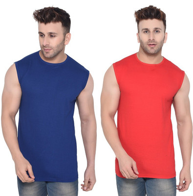 GEUM Solid Men Round Neck Dark Blue, Red T-Shirt