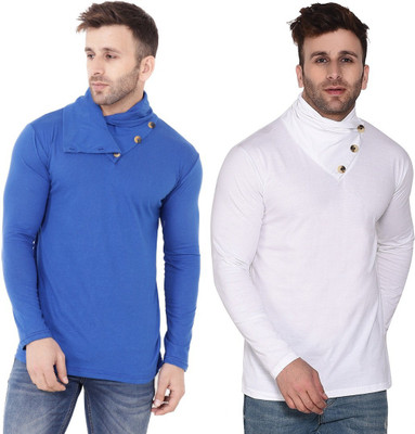 Money Leaf Solid Men High Neck White, Blue T-Shirt