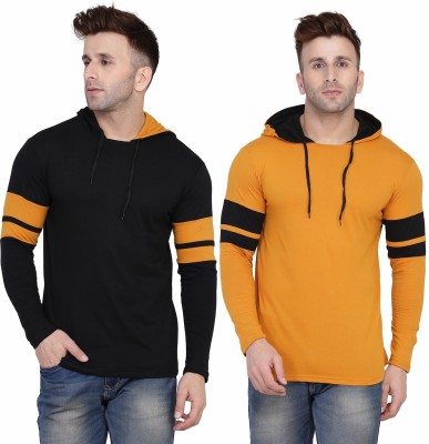 Trendfull Solid Men Hooded Neck Black, Yellow T-Shirt