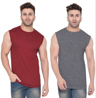 GEUM Solid Men Round Neck Maroon, Grey T-Shirt