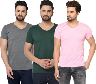 Adorbs Solid Men V Neck Dark Green, Pink, Grey T-Shirt