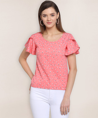 Oomph! Casual Short Sleeve Printed Women Pink Top