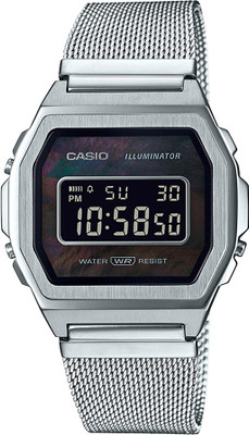 CASIO A1000M-1BEF Vintage Black Dial Silver Stainless Steel Mesh Band Digital Watch  - For Men & Women