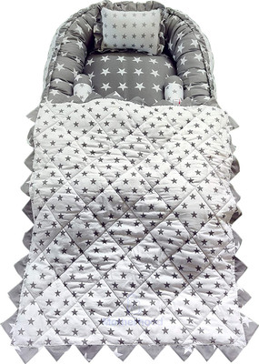 Motherhood Cotton Baby Bed Sized Bedding Set(Grey, Baby Nest Bedding Tub with 1 Large Baby Blanket , 2 side supoorts and 1 Rectangle baby Pillow)