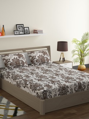SWAYAM 120 TC Cotton Double Floral Fitted (Elastic) Bedsheet(Pack of 1, Brown,Off White)