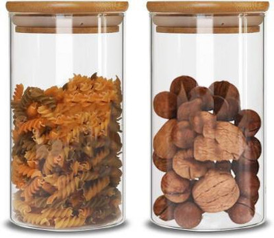 INSPARE Glass, Wooden Grocery Container  - 1000 ml(Pack of 2, Clear)